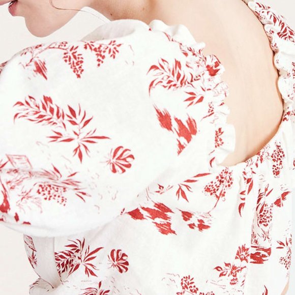 Red and White Scenic Jasmine Linen Blend Crop Top - Picture 4 of 8